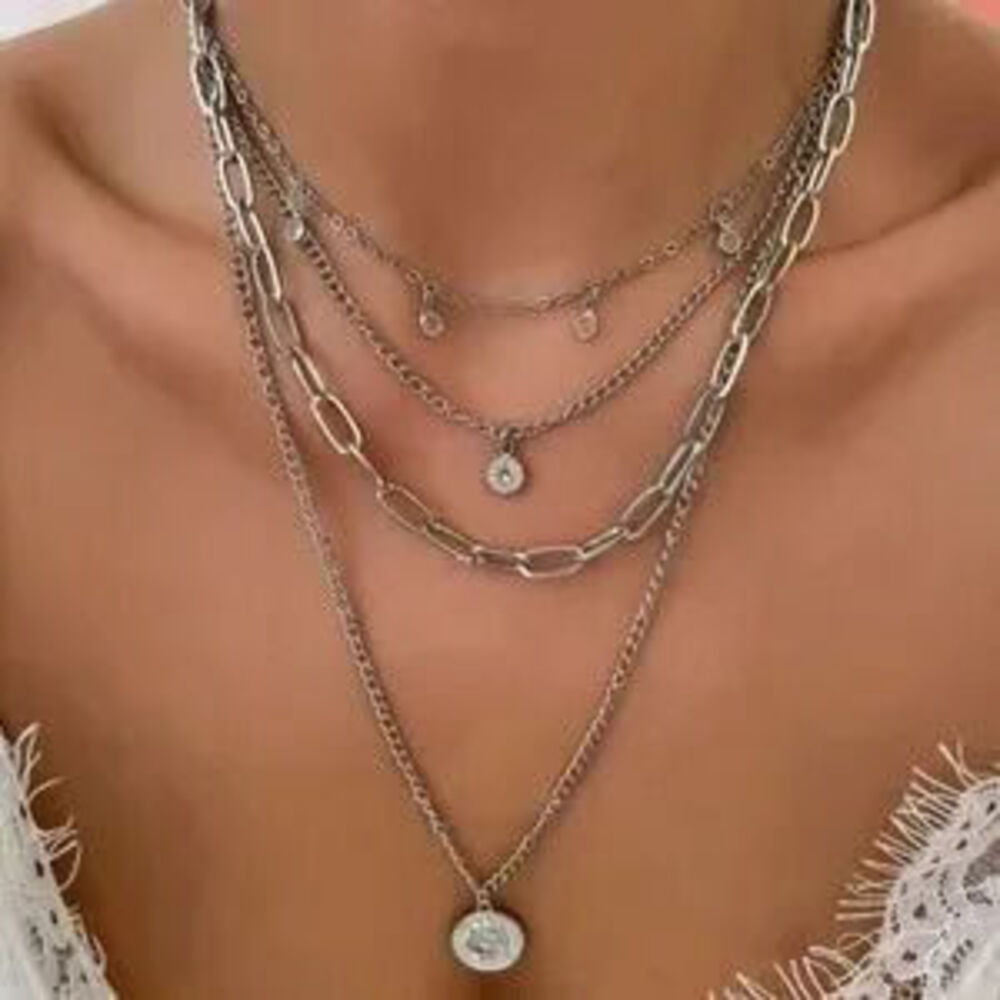 Multilayer Pendant Chain Necklace Set Boho Layered Gold Tone - Picture 5 of 5